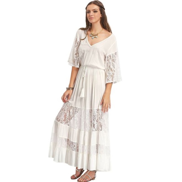 Dresses & Skirts - Romantic Tassel Floral Lace White Boho Maxi Dress